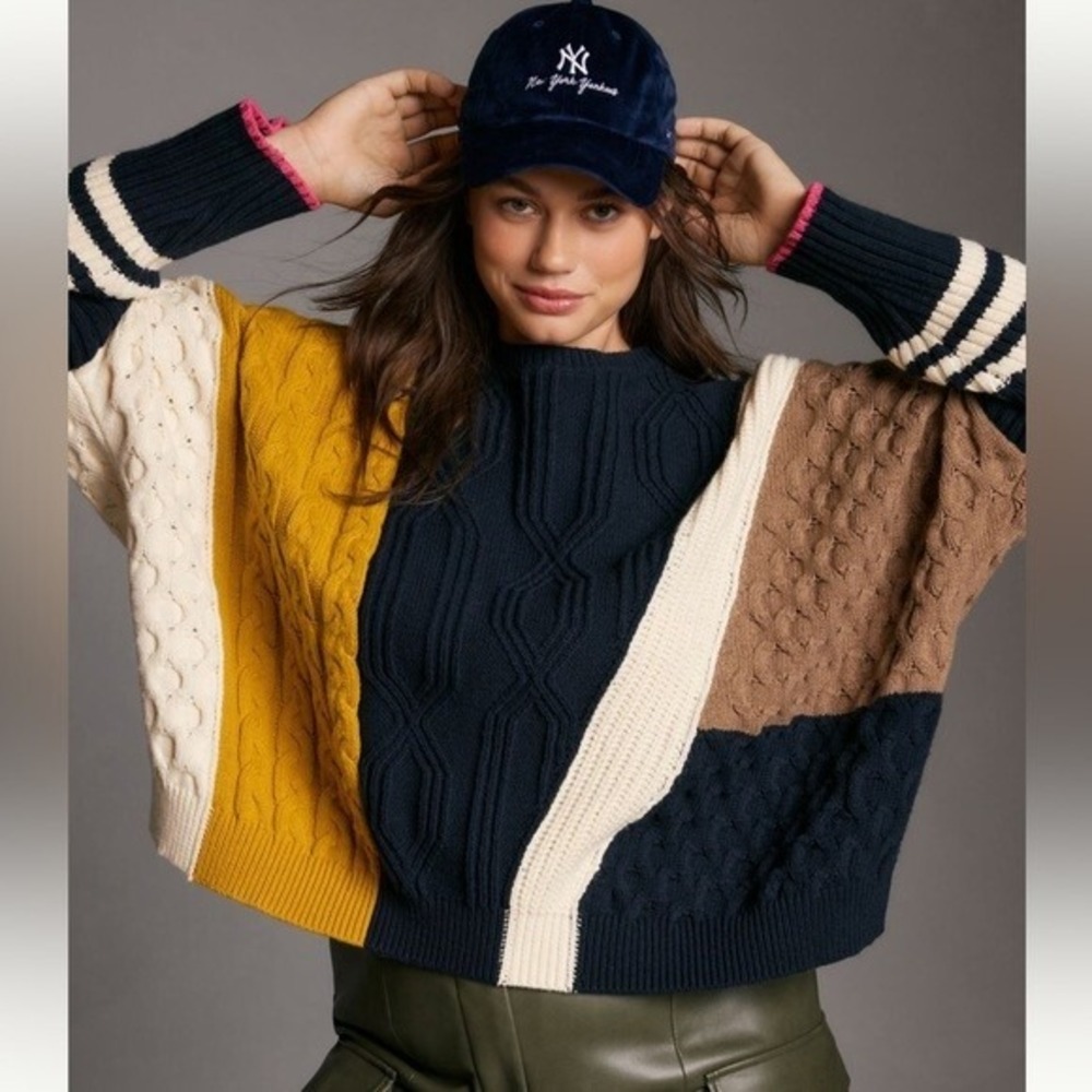 Maeve Anthropologie Colorblock Cable Knit Sweater Womens MP Oversized Boho